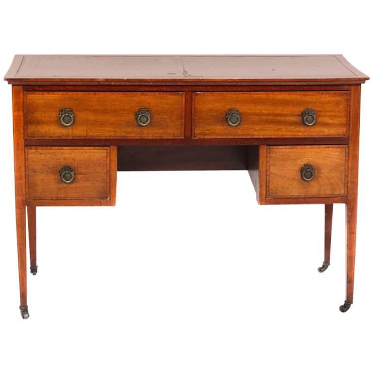 Antique English Inlay Desk With Leather, Antique Wood Desk With Leather Top