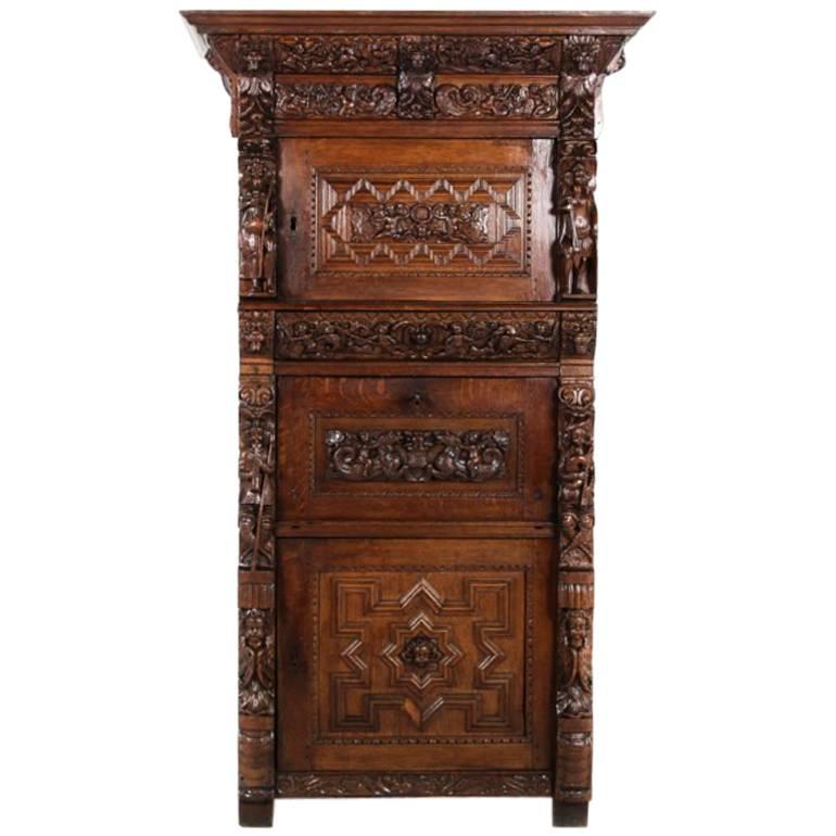 Antique French Renaissance Revival Carved Oak Liquor Cabinet, circa 1880