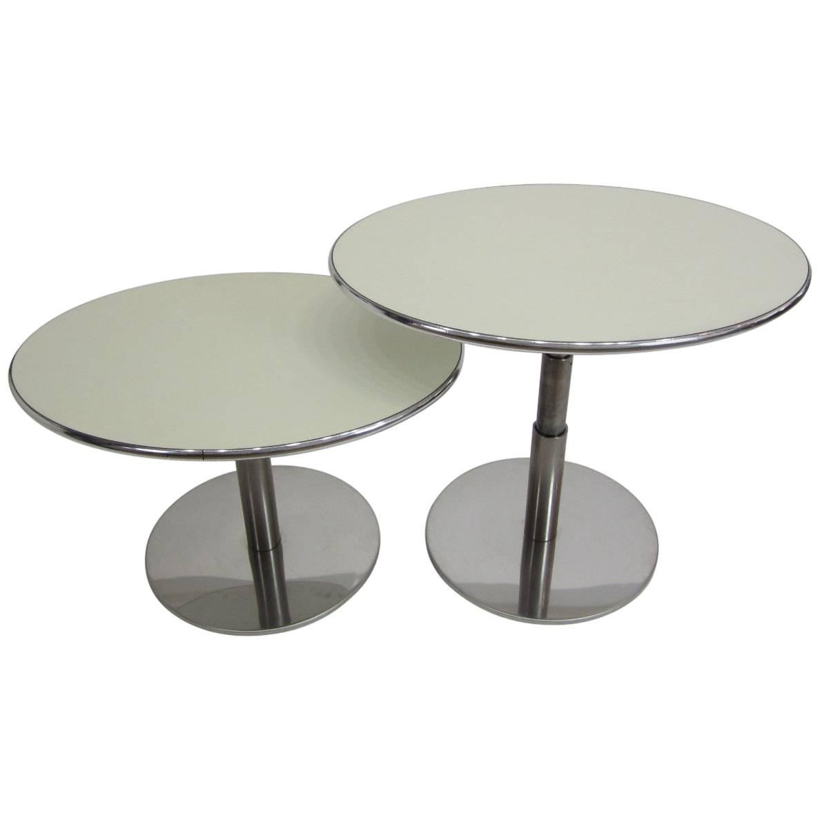 Pair of Oval-Top Three-Height-Positioning Steel and Laminate Side Tables For Sale