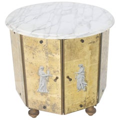 Reversed Gold Leaf Mirrored Marble-Top Round Drum Shape Stand Cabinet