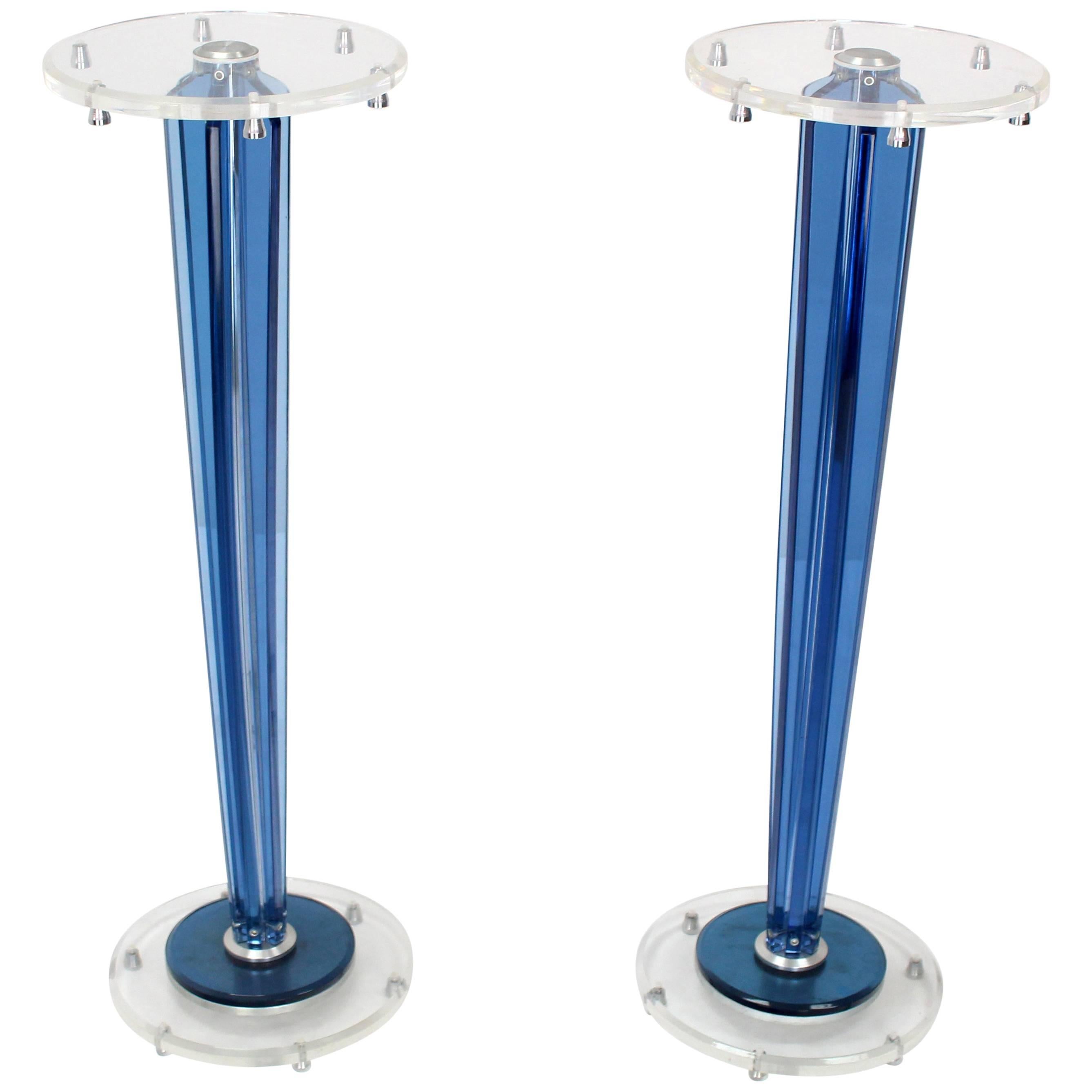 Pair of Tall Clear and Blue Lucite Tapered Bases Pedestals