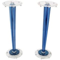 Pair of Tall Clear and Blue Lucite Tapered Bases Pedestals