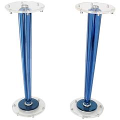 Pair of Tall Clear and Blue Lucite Tapered Bases Pedestals 12