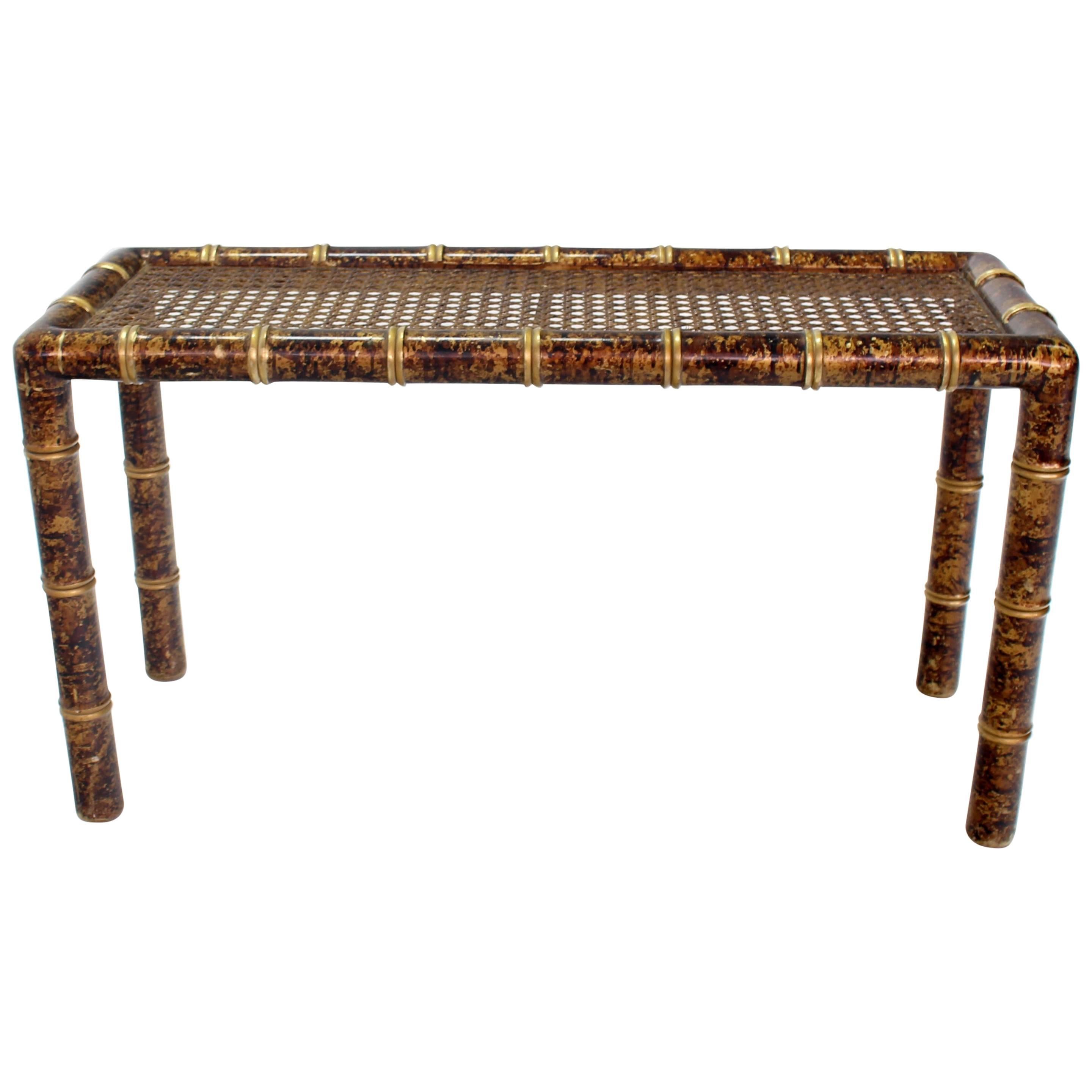 Gold and Amber Faux Bamboo Cane Top Console Table For Sale