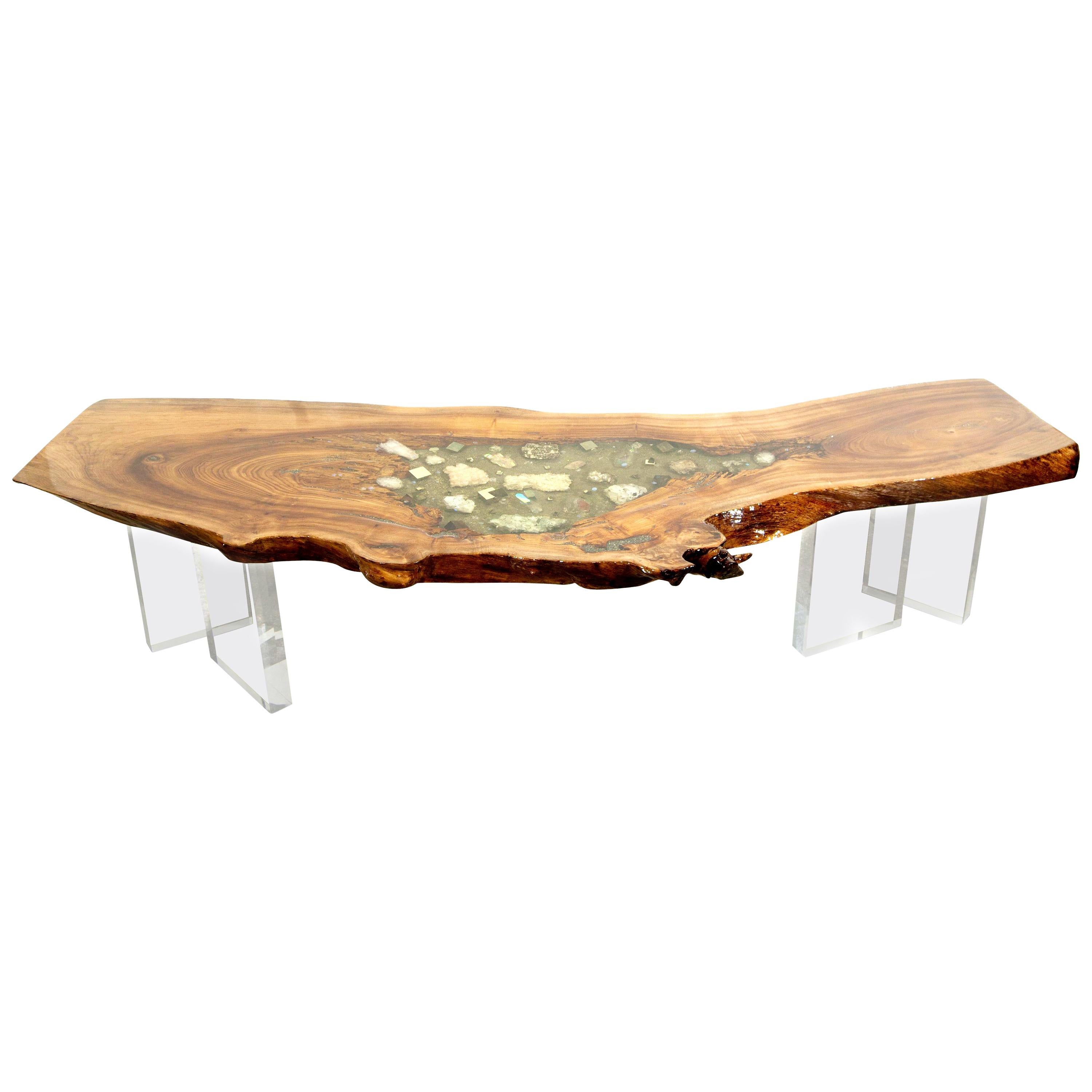 English Elm Wood Coffee Table Quartz, Pyrite Inlays Lucite Base by Danna Weiss 