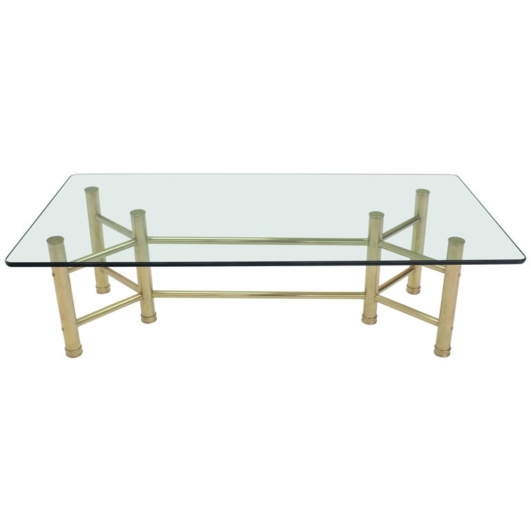 Solid Brass Tube Glass Top Rectangular Coffee Table For Sale at