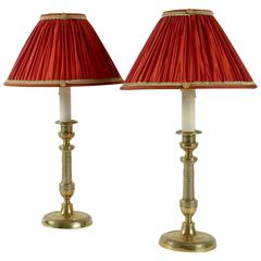 Pair of French Louis XVI Style Gilt-Bronze Candlestick Lamps, circa 1810