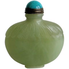 Fine Chinese Snuff Bottle Hand Carved Celadon Jade with spoon top, Circa 1920