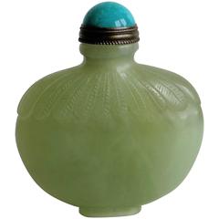 Chinese Snuff Bottle, Carved Jade, Celadon, Stone Top with Spoon, circa 1920 6