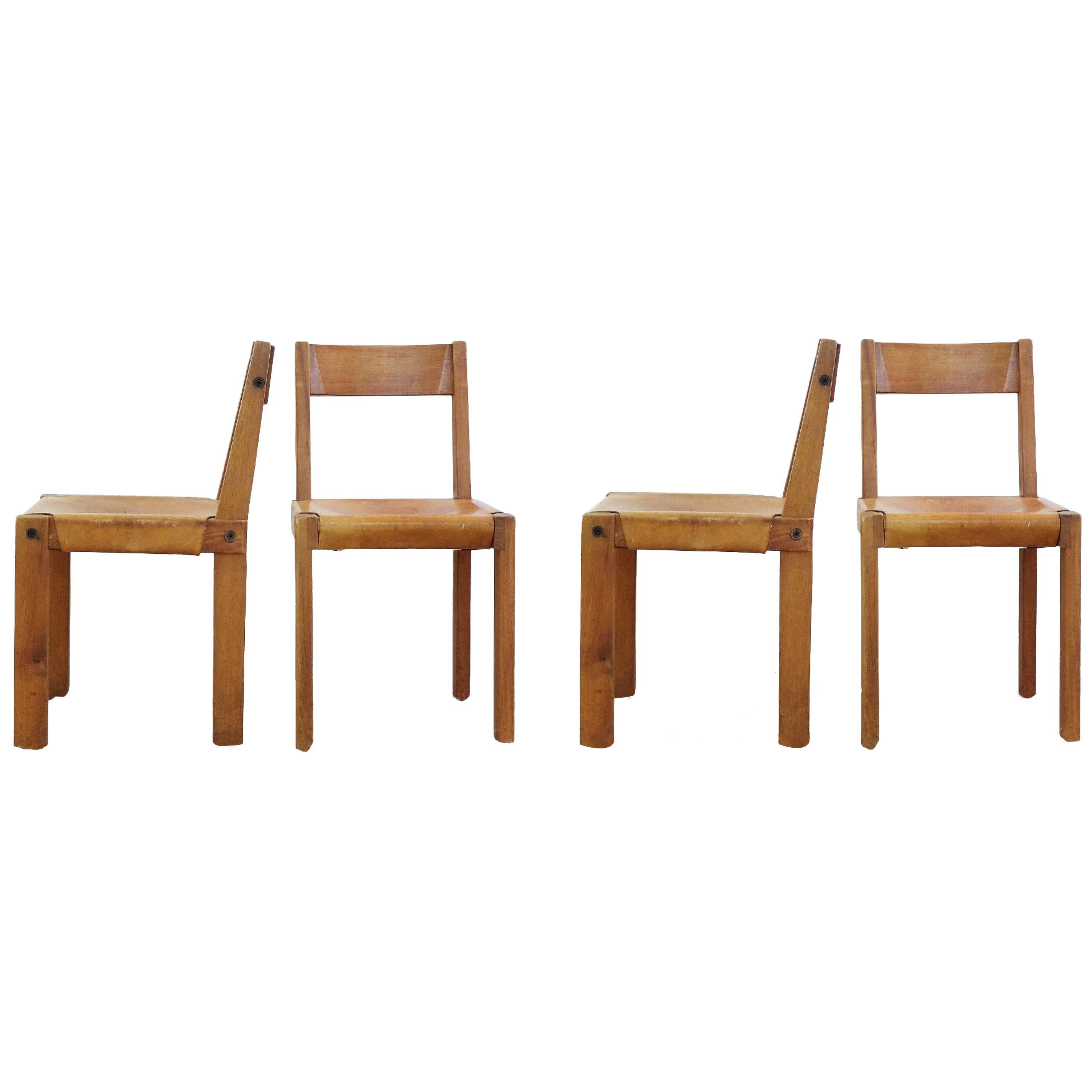 Set of Four "S24" Solid Elm & Cognac Leather Chairs Designed by Pierre Chapo