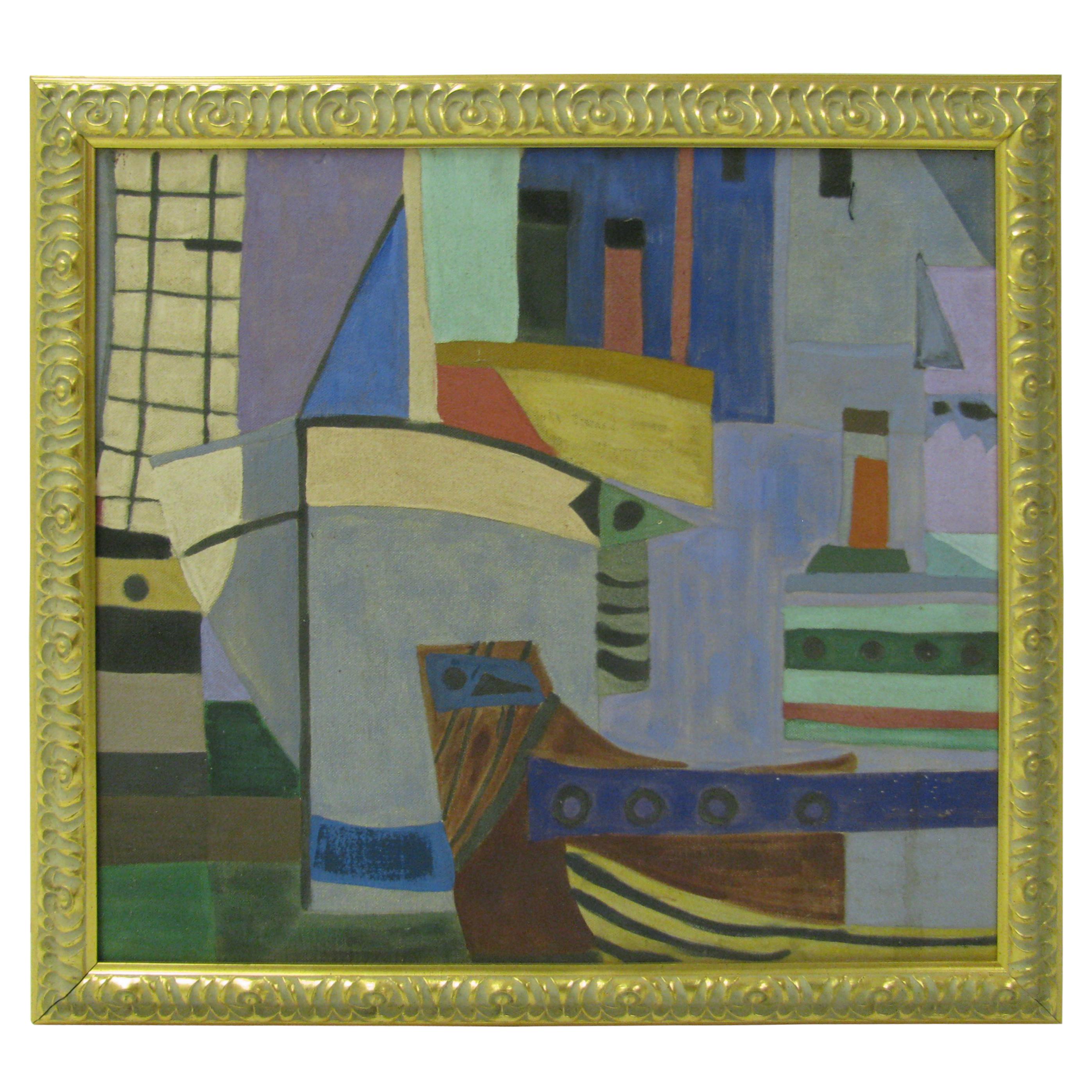 Cubist Forms of Boats in the Harbour Oil on Canvas