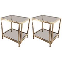 Pair of French Brass and Smoked Glass End Tables