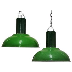 Pair of Green Industrial Pendant Lights, 1950s