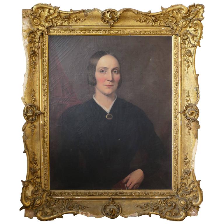 Large Late 19th Century Female Portrait Oil Painting with Gilt Frame