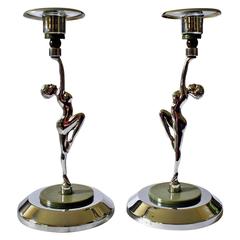 English Pair of Art Deco Chrome and Bakelite Female Candlesticks