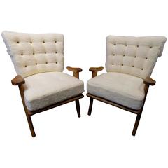 Beautiful Reupholstered Pair of Guillerme et Chambron Armchairs, circa 1960