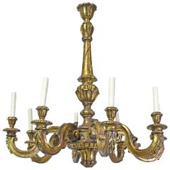 Antique 20th Century Baroque Style Chandelier in Carved Wood with Eight Lights