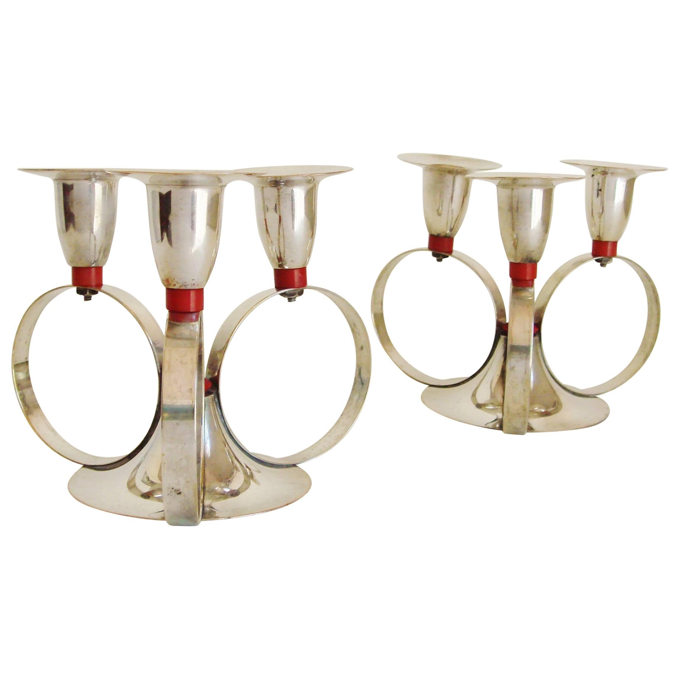 Pair of American Art Deco Silver Plated Candleholders with Red Bakelite Accents For Sale