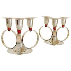Vintage Pair of American Art Deco Silver Plated Candleholders with Red Bakelite Accents