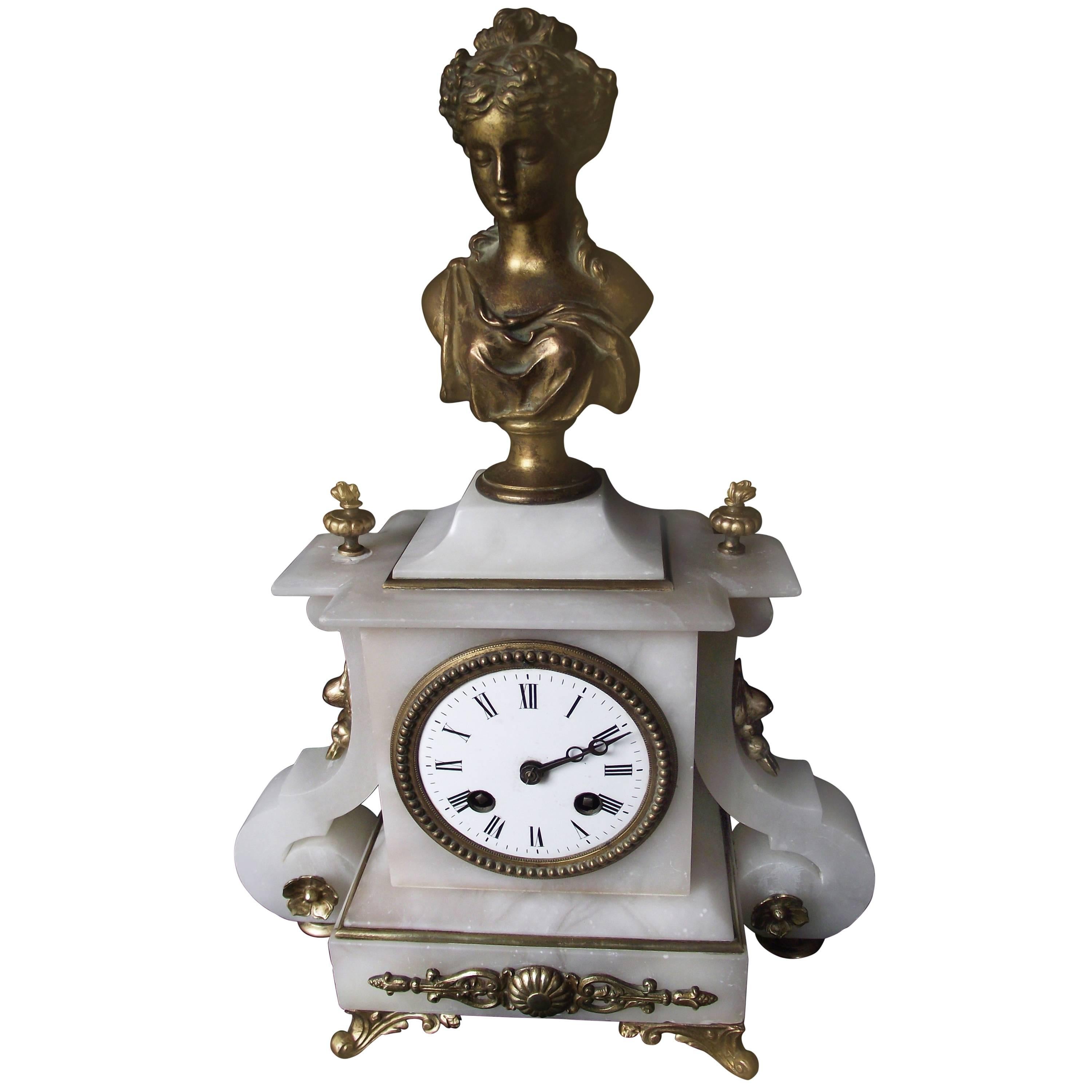 Victorian Alabaster French Clock, White Carved Alabaster Figure Clock