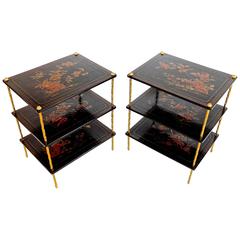 Pair of Maison Jansen Three-Tier Black Japanned Side Tables