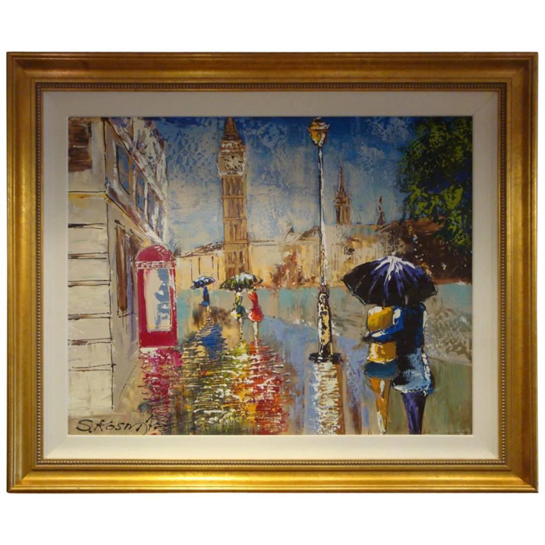 Large Original Framed London Big Ben Colorful Umbrella Painting S Kosman For Sale