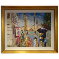 Large Original Framed London Big Ben Colorful Umbrella Painting S Kosman