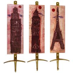 Set of Three Mid-Century Brass Coat Wall Hooks, Fornasetti Style, Italy, 1960s