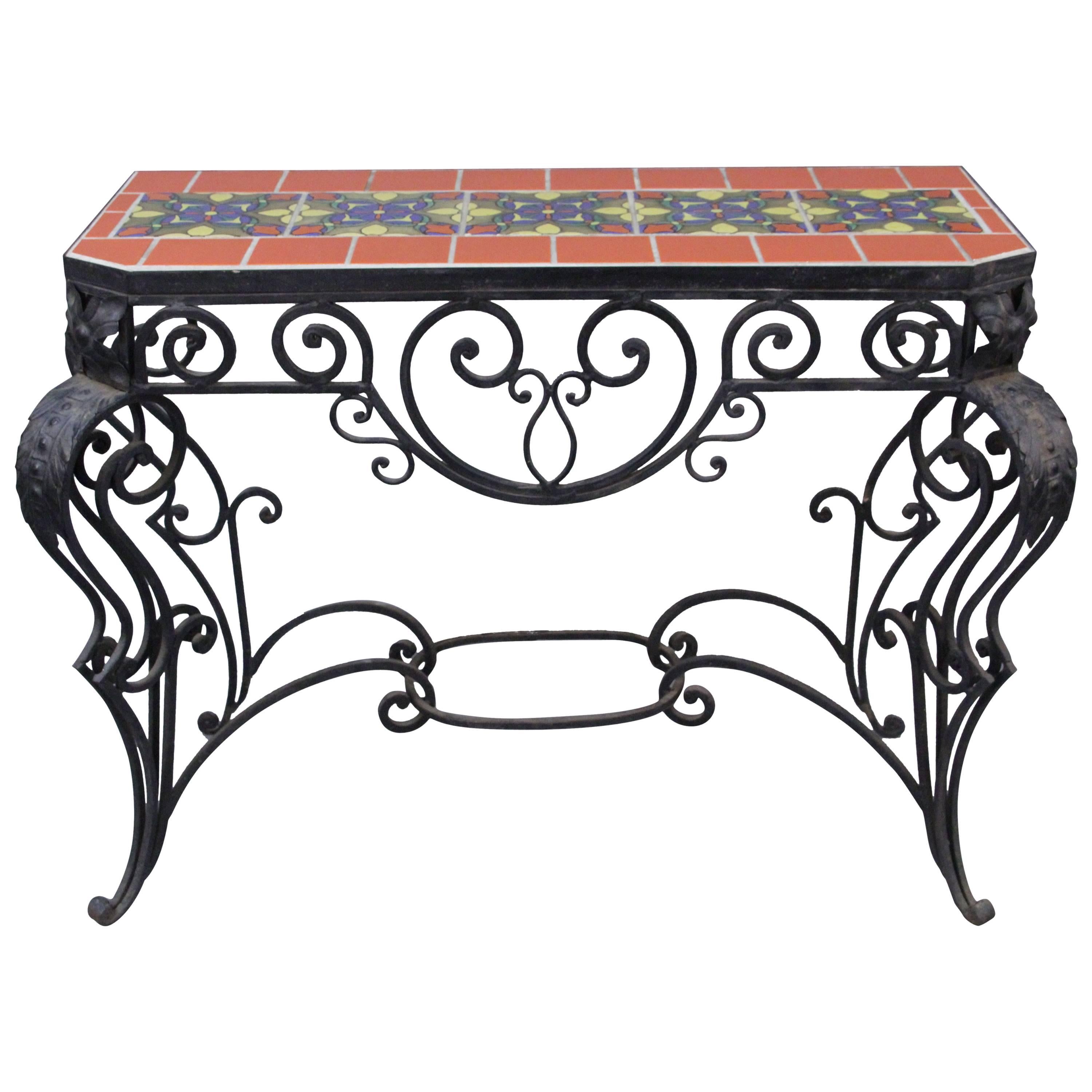 1920s Wrought Iron Console Table with Malibu California Tiles