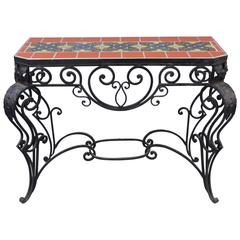 1920s Wrought Iron Console Table with Malibu California Tiles