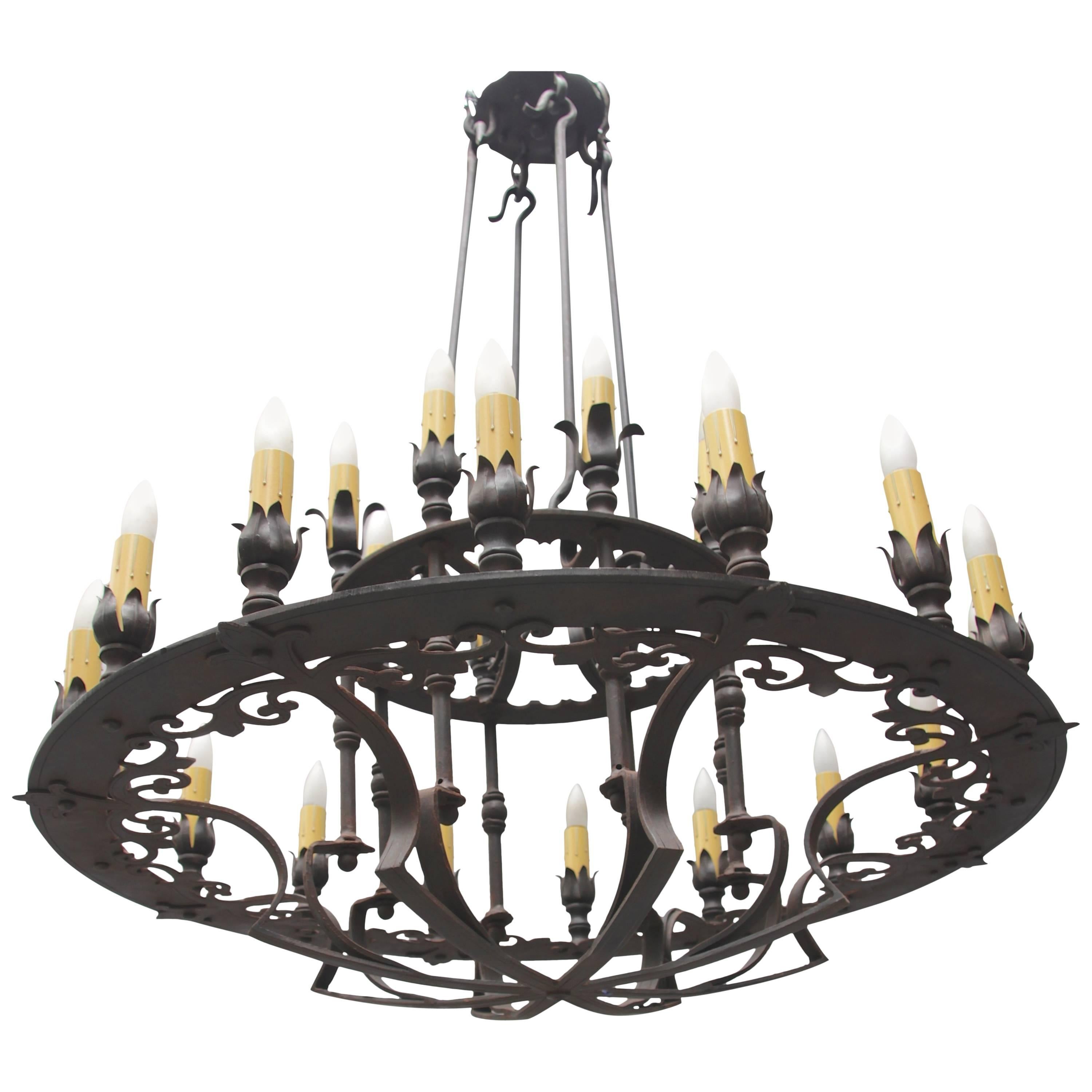 Custom Two-Tiered Wrought Iron Spanish Chandelier
