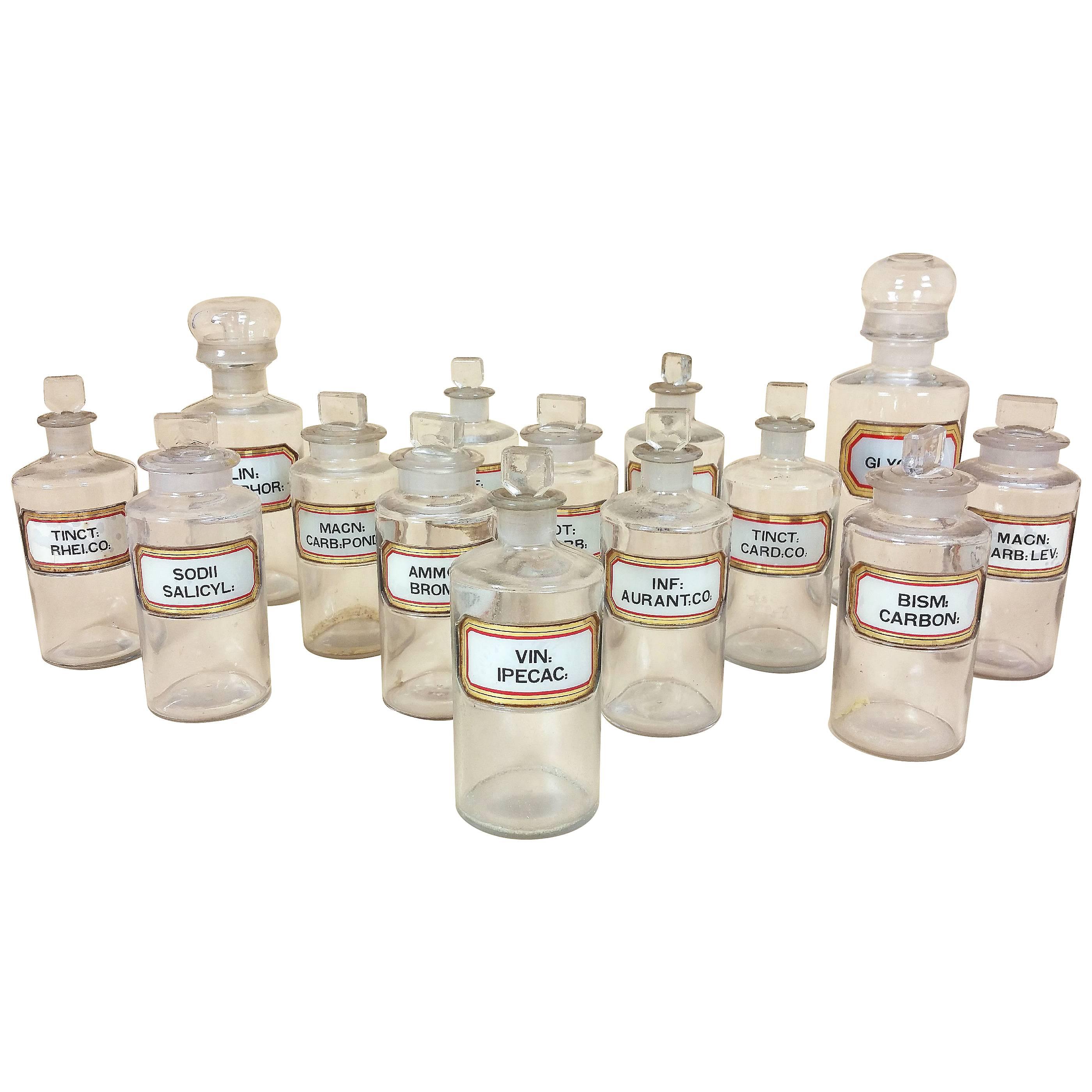 Set of 14 Early 20th Century Pharmacy Glass Jars with Rebated Gilt Labels For Sale