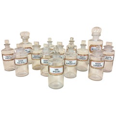 Set of 14 Early 20th Century Pharmacy Glass Jars with Rebated Gilt Labels