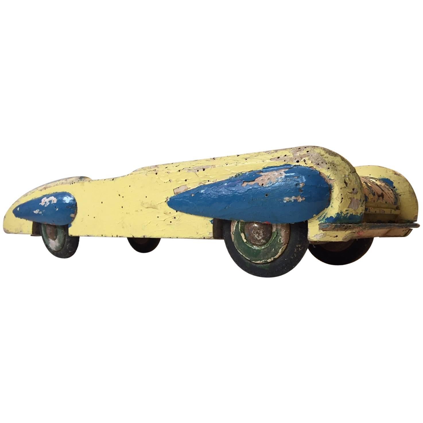 Unique, Decorative & Rustic 1930s Streamlined Wooden Toy Car with Dunlop Tires