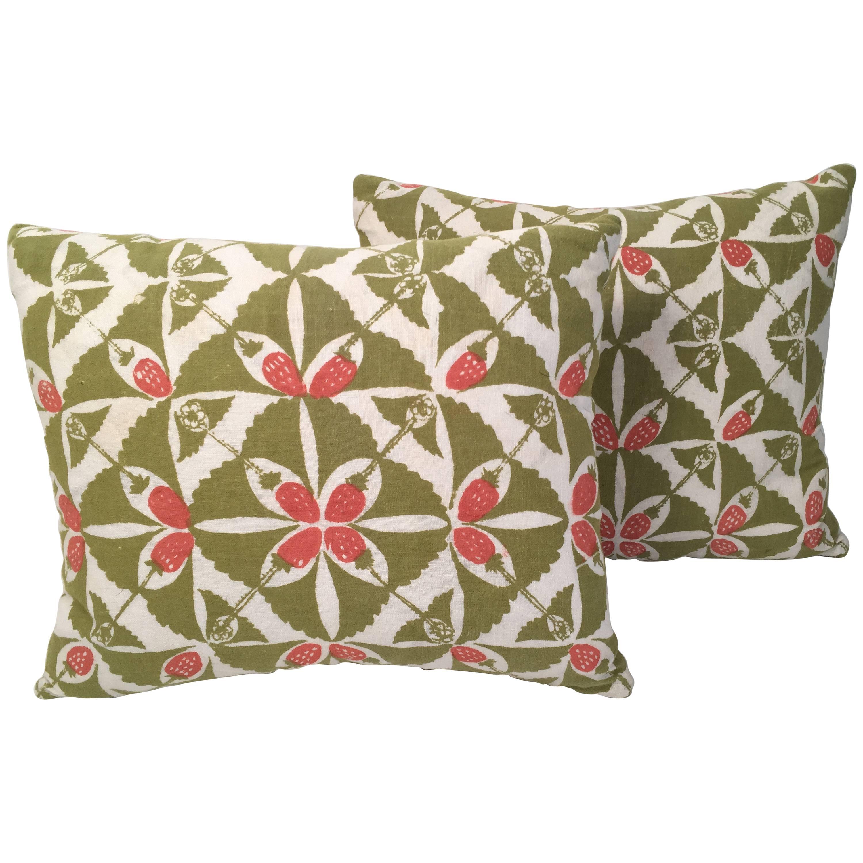 Hand Block Printed Strawberry Patch Pillow by the Folly Cove Designers