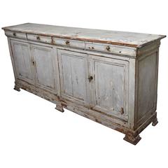 Antique Late 18th Century Four-Door Walnut Buffet with Pale Blue over Cream Paint