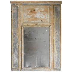 19th Century French Trumeau Mirror That's Distressed Painted Pine and Old Glass