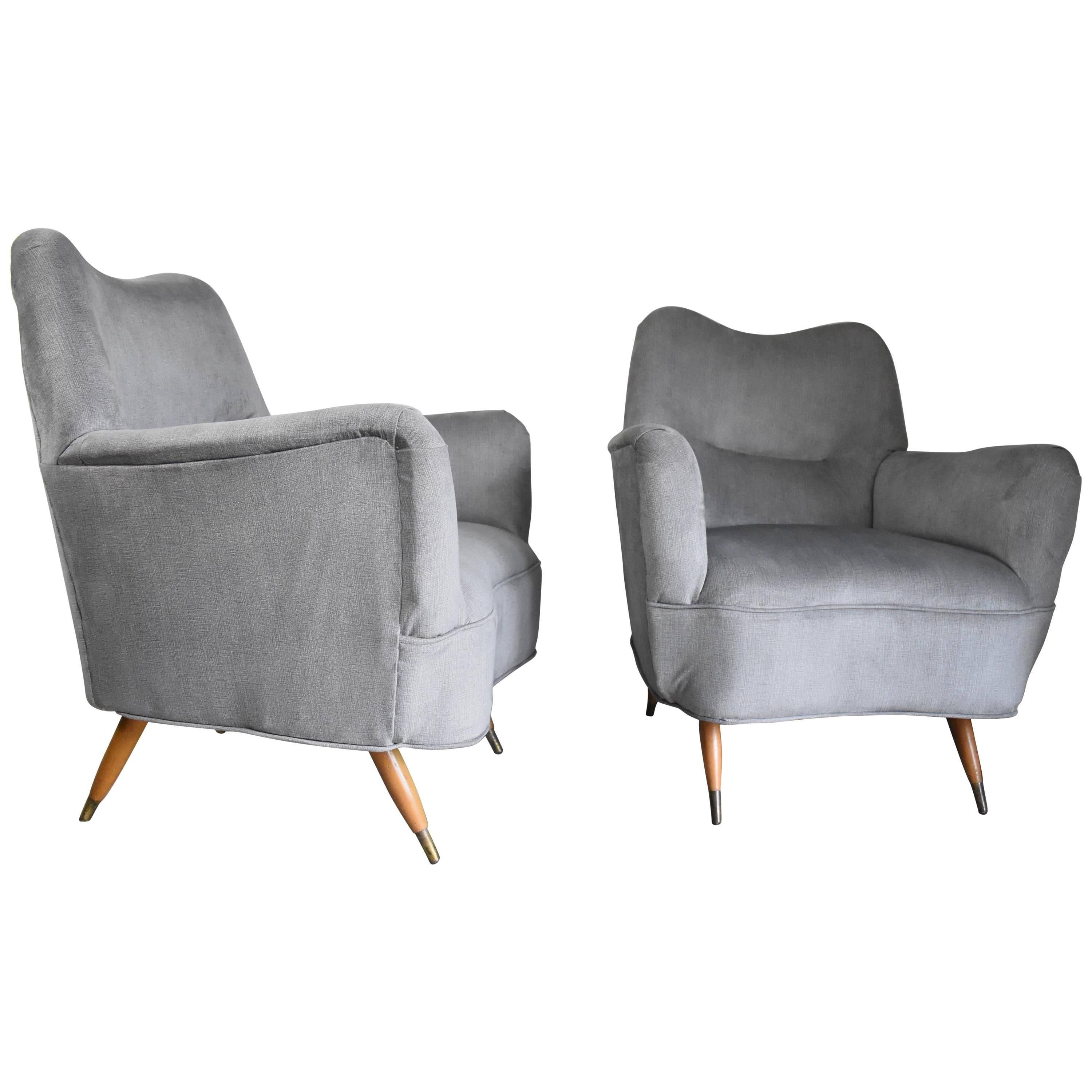 European Mid-Century Armchairs with Tapered Light Wood Leg and Brass Tips