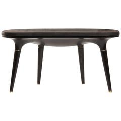 Contemporary Bench in Carved Walnut, Brass and Leather