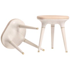 Contemporary Stool in Carved Maple, Brass and Leather