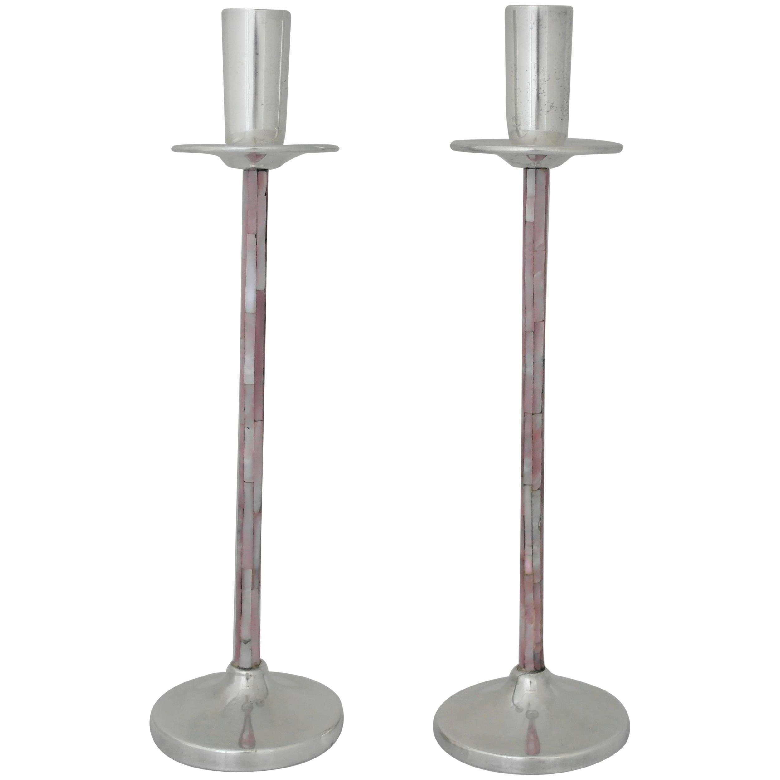 Highly Decorative Los Castillo Silver Plate & Abalone Pair of Candlesticks 1980 For Sale