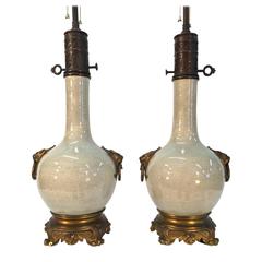 19th Century, French, Bronze-Mounted Crackle Glaze Ceramic Lamps 10