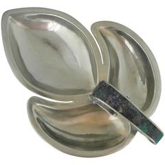 Large 3 Section Los Castillo Silver Plate Azur Malachite Serving Dish 1960 5