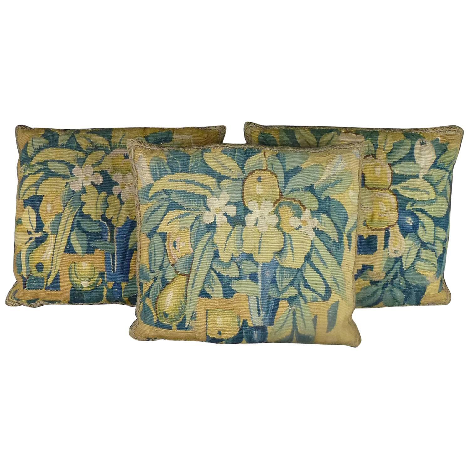 Three Baroque Brussels Square Tapestry Wool and Silk Pillows with Foliage Vase For Sale