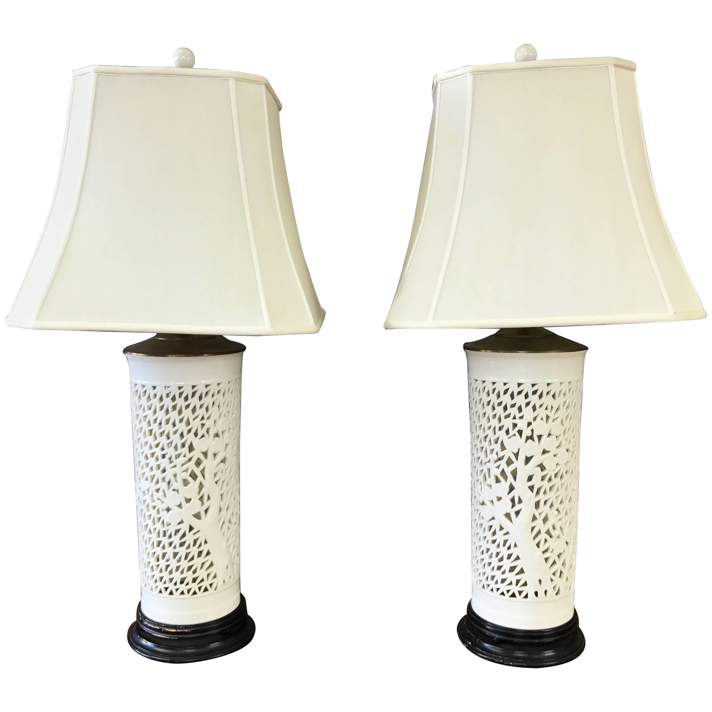Pair of Blanc de Chine Cherry Tree Motif Table Lamps