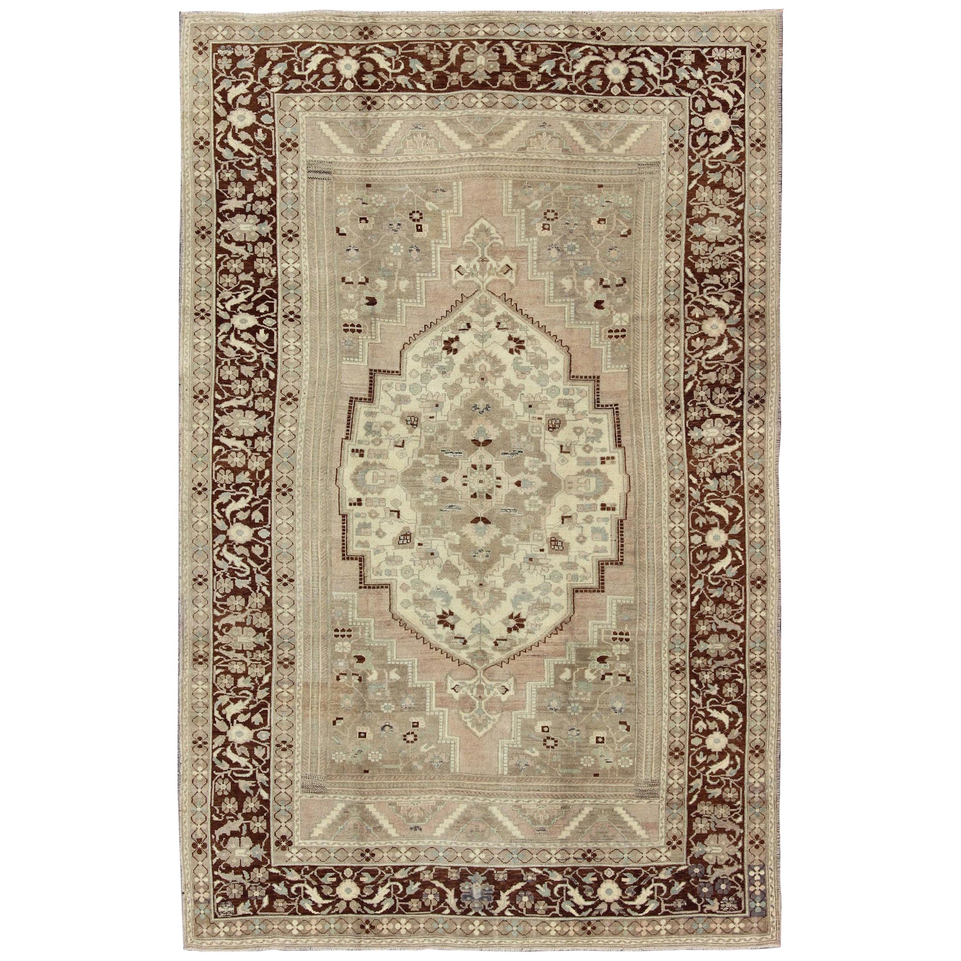 Charming Vintage Oushak Rug in Brown Border, Taupe, Blush and Gray/Green
