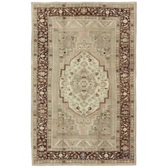 Charming Vintage Oushak Rug in Brown Border, Taupe, Blush and Gray/Green
