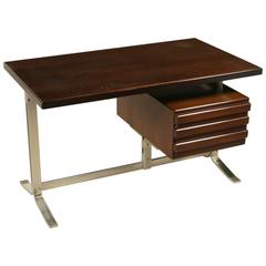 Desk with Drawers by Forma Nova Walnut Veneer Chromed Metal, Vintage, Italy