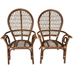 20th Century Pair Of Bent Rattan & Wicker High Back "Balloon" Armchairs