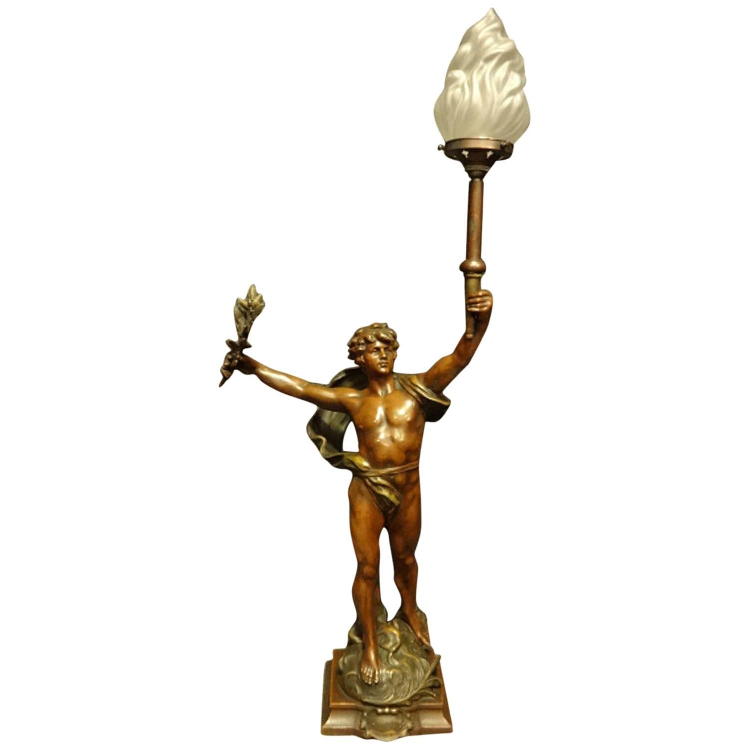 Lovely French Bronzed Spelter Lamp 'Primax' Signed Moreau, C.1900 For Sale